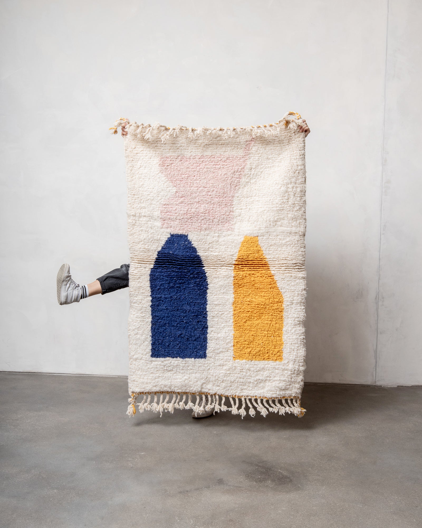 Modern, designer, handcrafted Berber rug from Morocco. Beniourain carpet with beautiful colours and patterns and fluffy wool texture.